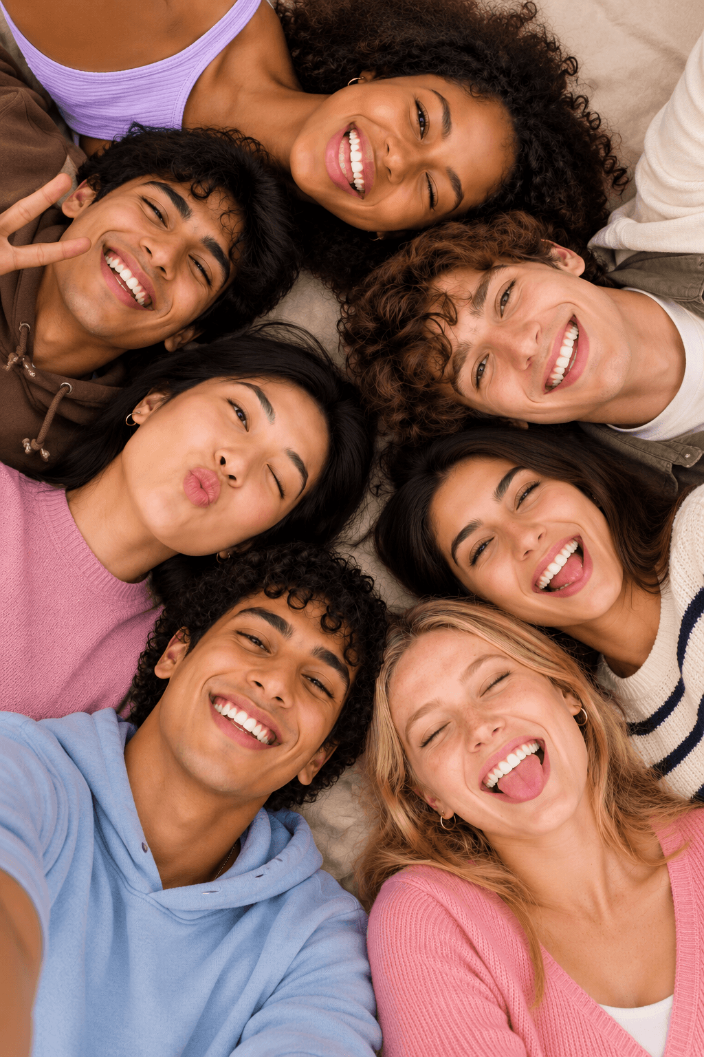 A group of friends smiling together, real skin, real life
